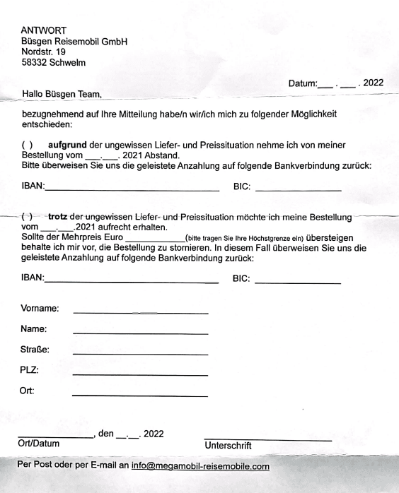 Preiserhöhung beim Wohnmobilkauf