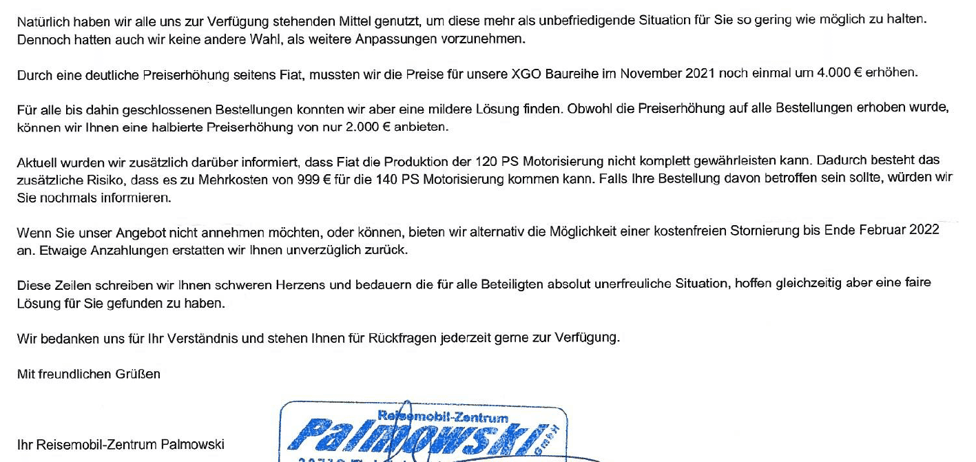 Preiserhöhung beim Wohnmobilkauf