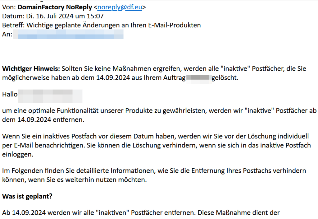 E-Mail von DomainFactory mit Ankündigung der Löschung