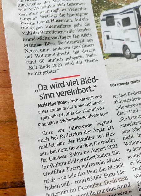 Bericht WAZ zu Wohnmobil-Preiserhöhungen mit Rechtsanwalt Dr. Matthias Böse