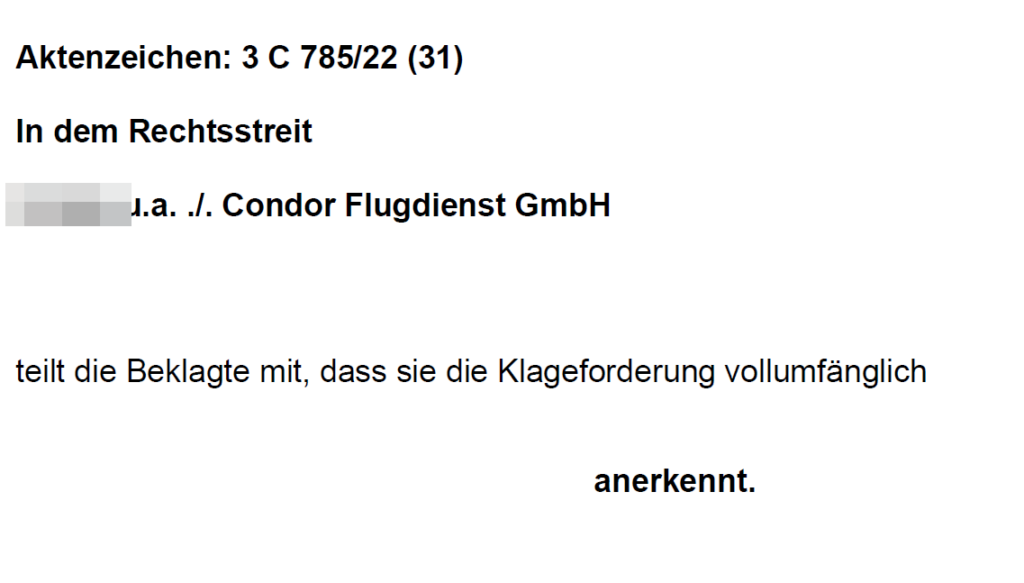 Schriftsatz mit Anerkenntnis von Condor