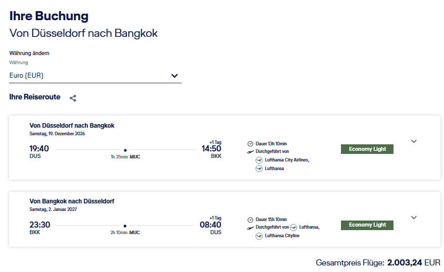 Verbindung DUS-BKK-DUS für 2.003,25 €