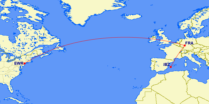 Weltkarte mit Flugverbindung EWR-FRA-IBZ