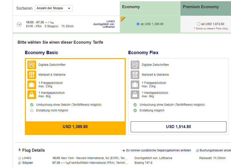 Preisberechnung Lufthansa